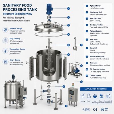 SS316L Sanitaire Mengtank met Roerwerk voor Voedingsmiddelen- en Drankverwerking/SS316L Sanitaire Fermentatietank voor Voedingsmiddelen- en Drankproductie